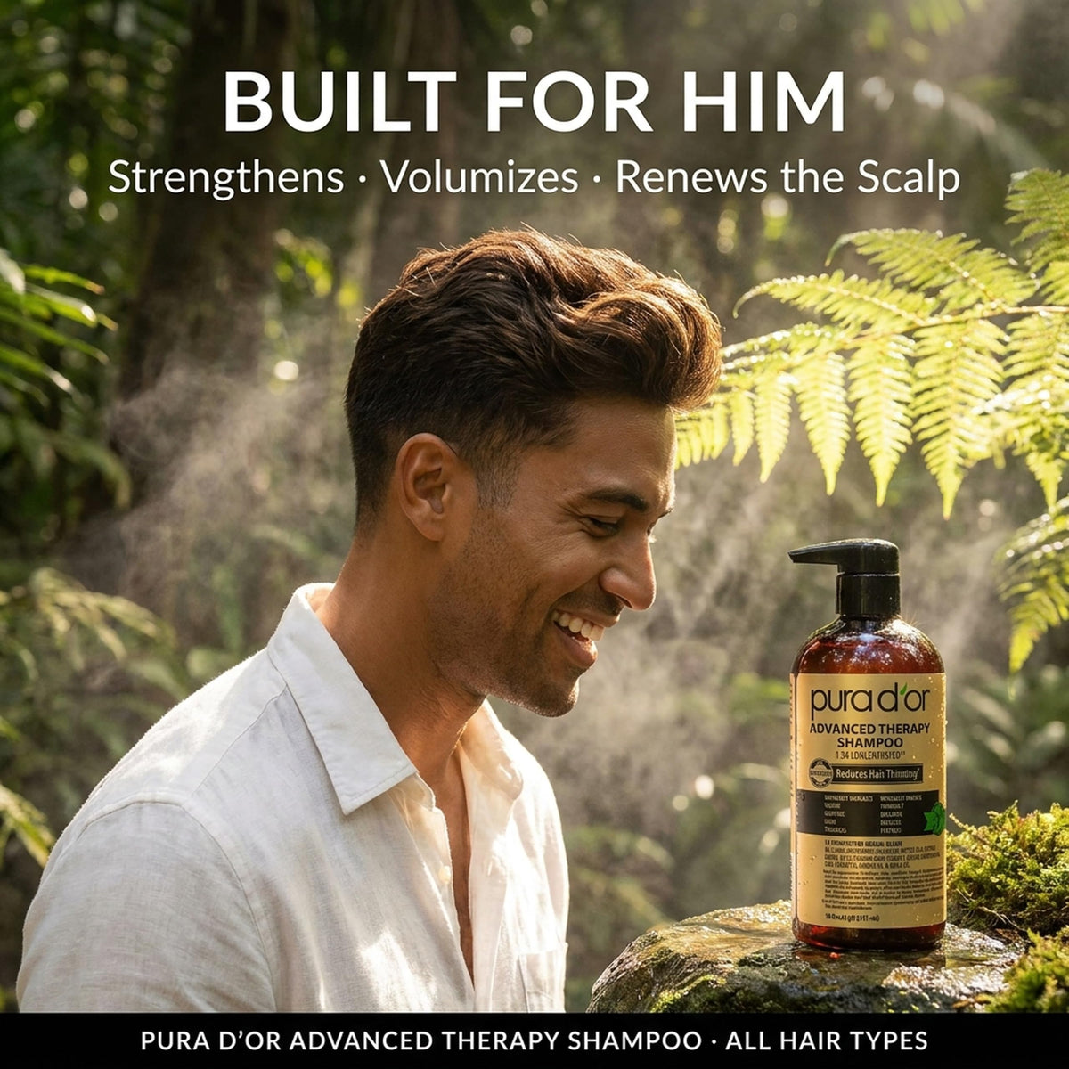 PURA D'OR bottle in shower lifestyle scene promoting daily use