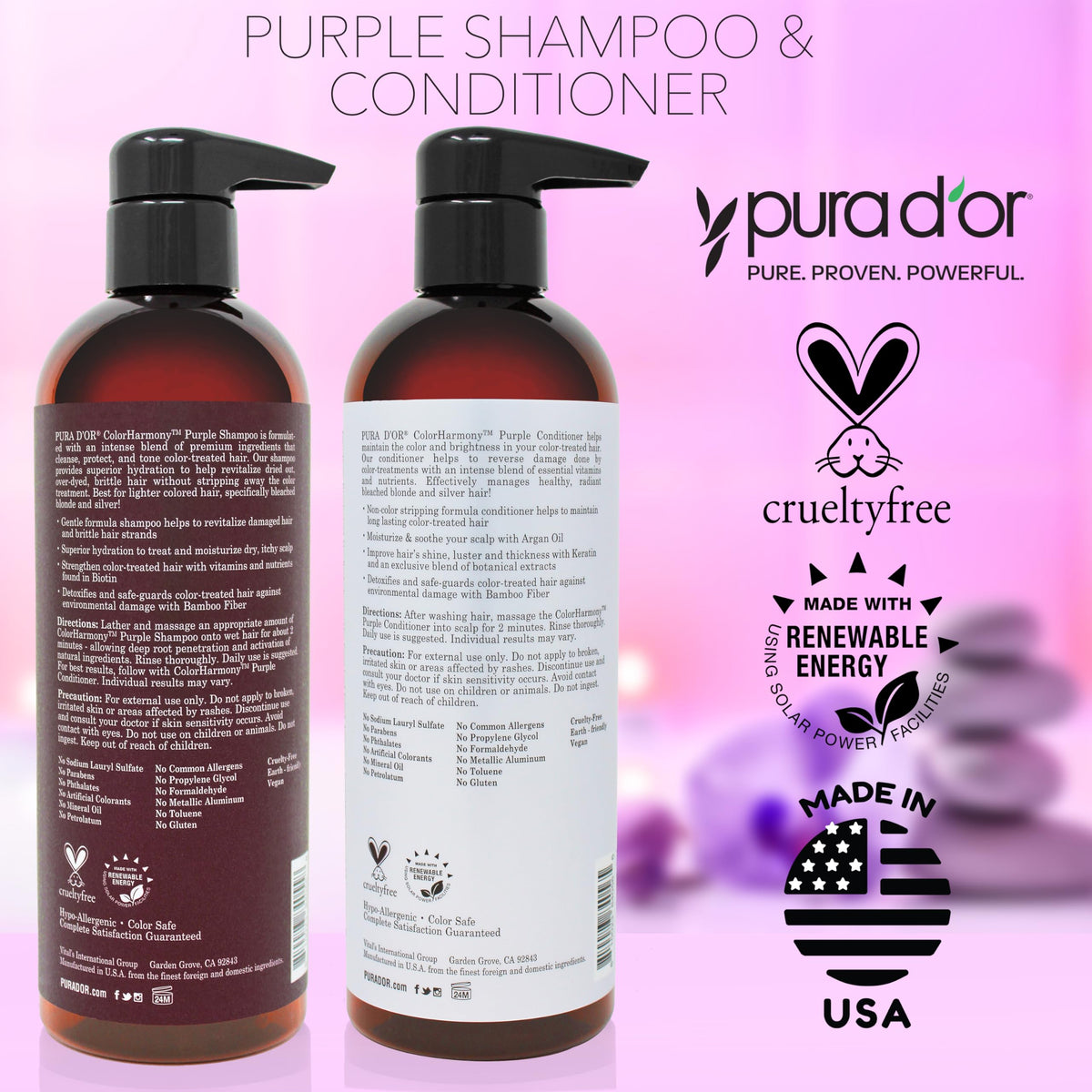 PURA D'OR 16 oz bottle held in hand to show true size for lasting at-home maintenance