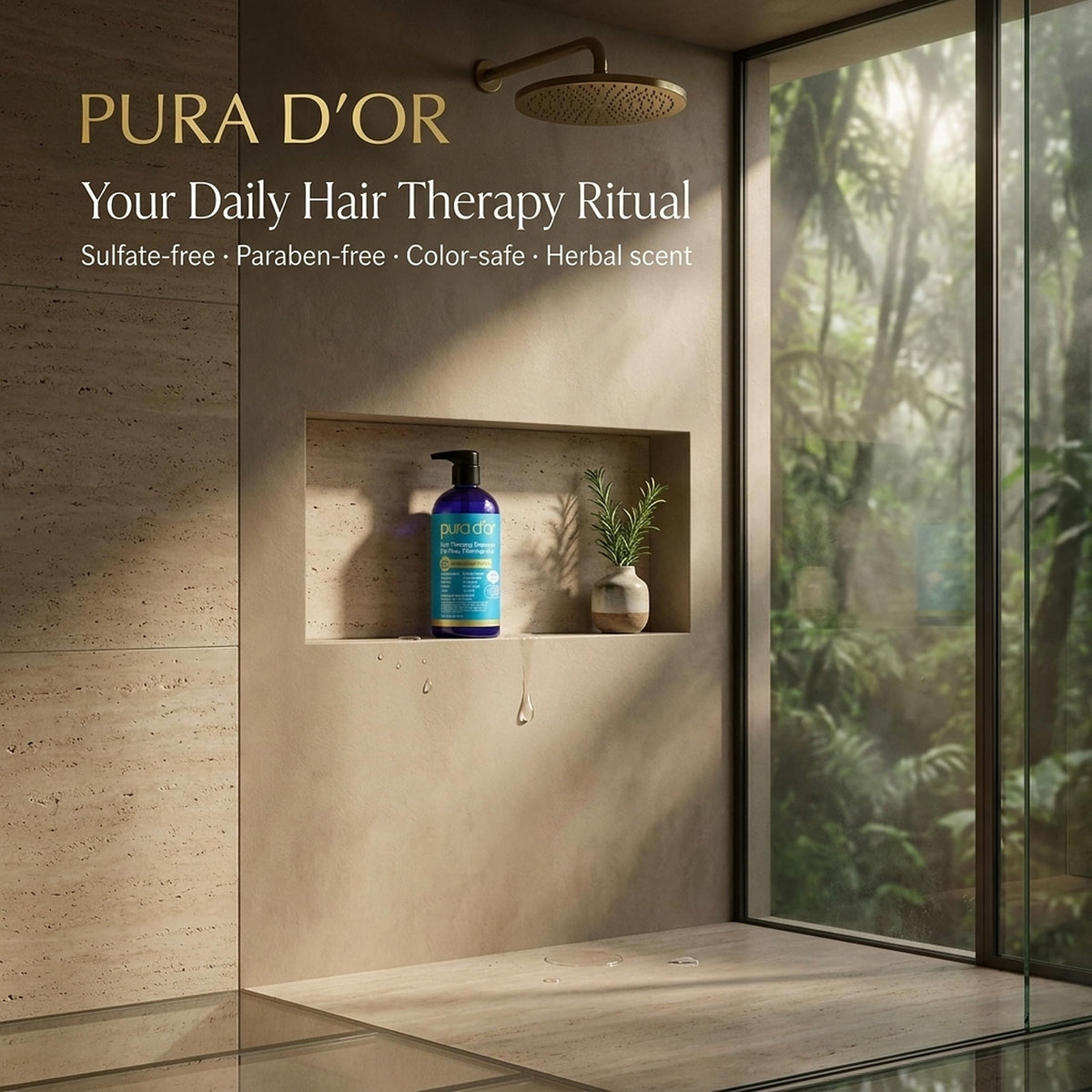 PURA D'OR bottle next to common items to show 16 oz size for accurate scale reference