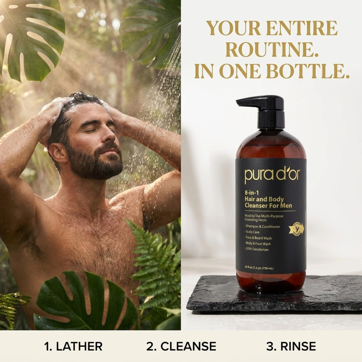 PURA D'OR next to a ruler showing 24 oz bottle size and value
