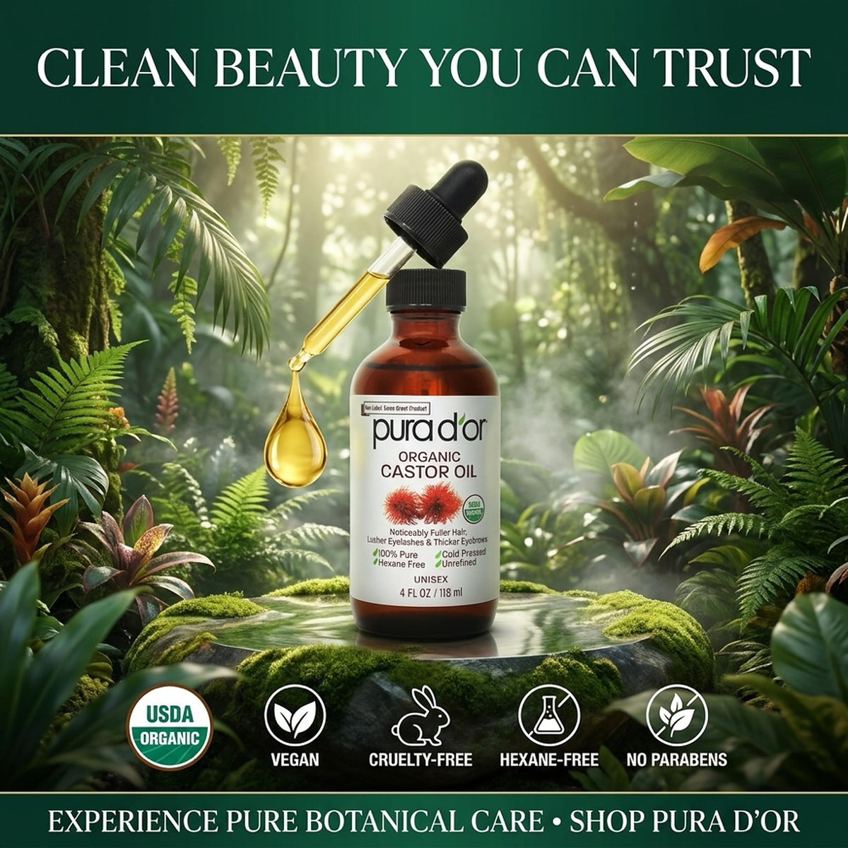 PURA D'OR 4 oz bottle next to everyday objects to show compact travel size