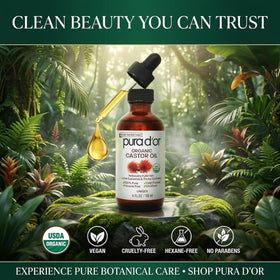 PURA D'OR 4 oz bottle next to everyday objects to show compact travel size