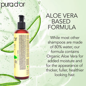 PURA D'OR 8 fl oz bottle next to a hand showing compact travel-friendly size