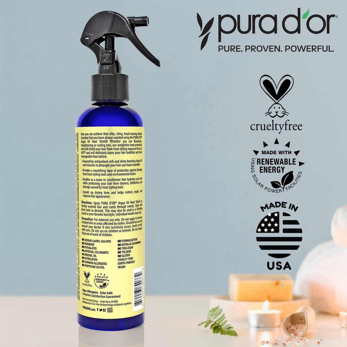 PURA D'OR 8 oz bottle held in hand showing compact travel-friendly size