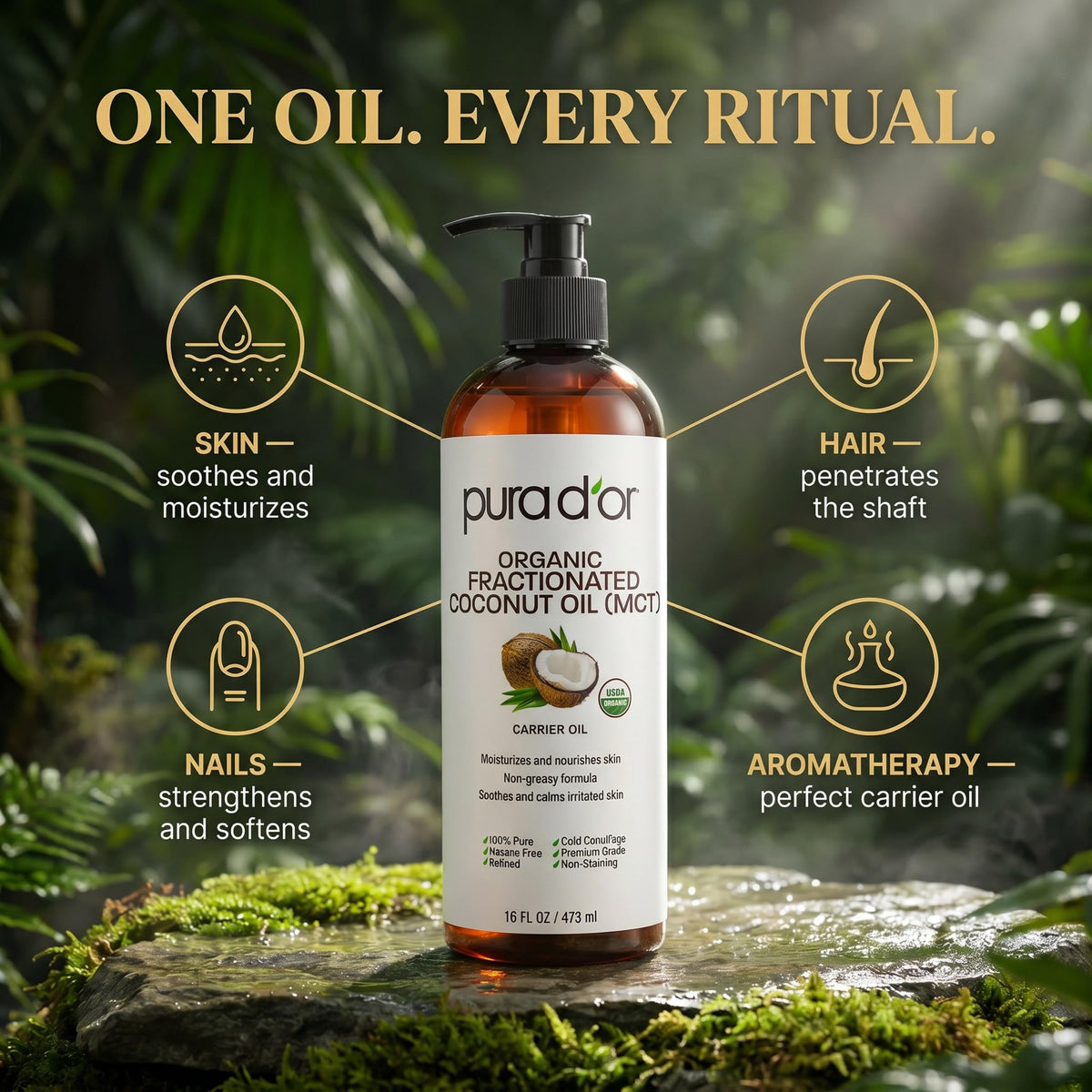 PURA D'OR bottle in hand showing 16 oz scale and home-use convenience