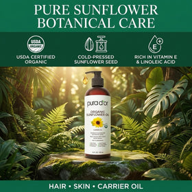 PURA D'OR bottle next to daily items showing 16 oz size and value