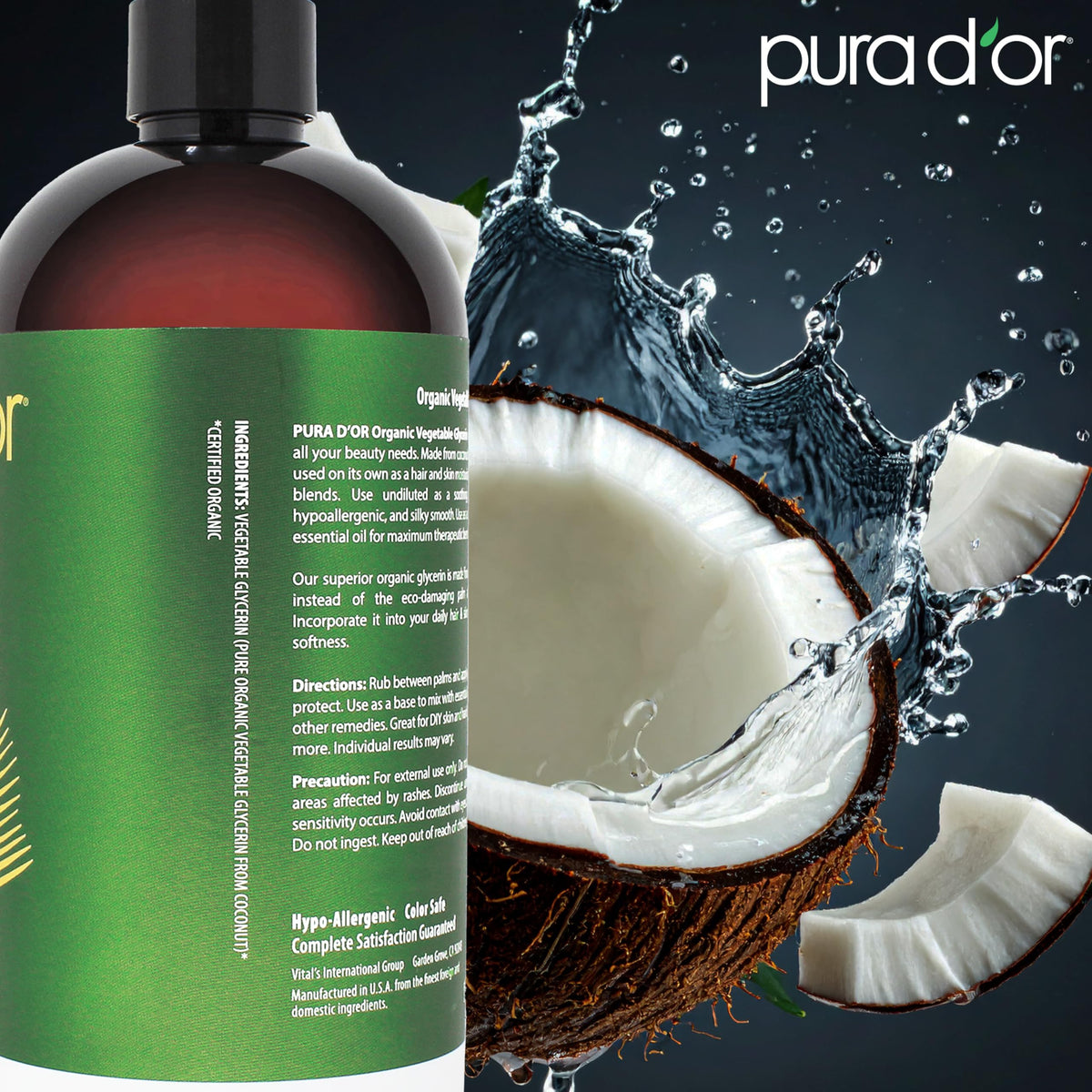 PURA D'OR bottle held in hands to show 24 oz scale and easy-pour benefit