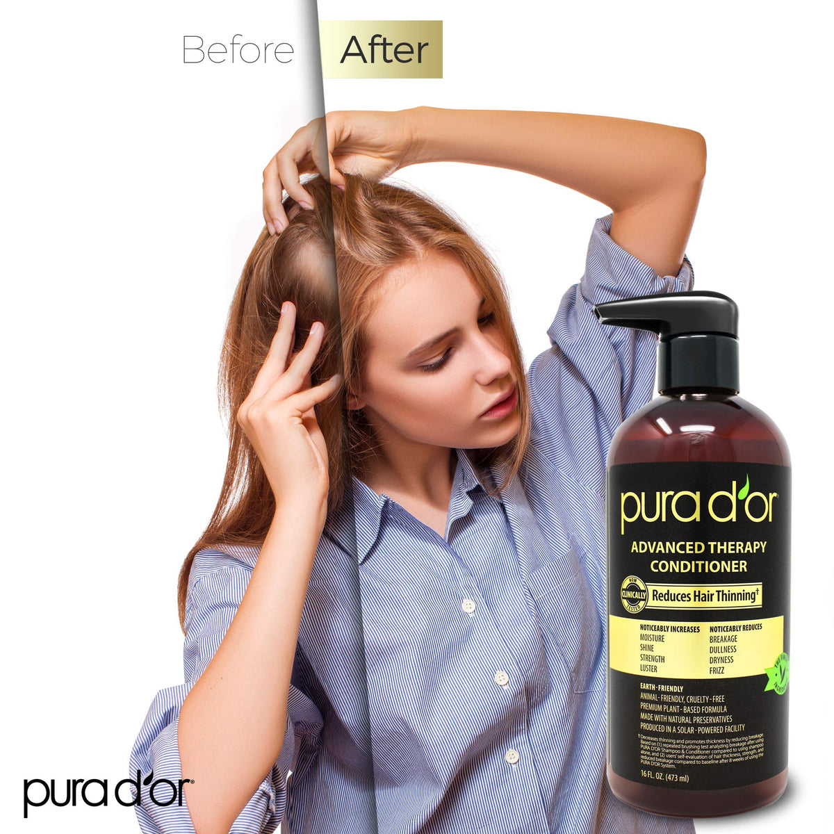 PURA D'OR creamy conditioner texture on dispenser illustrating smooth detangling action