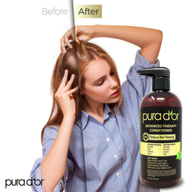 PURA D'OR creamy conditioner texture on dispenser illustrating smooth detangling action