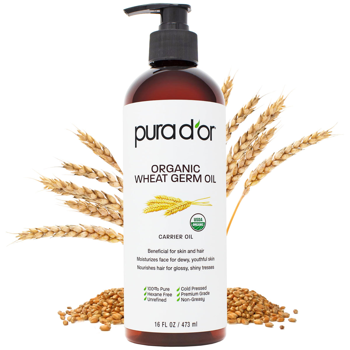 PURA D'OR front bottle showing organic wheat germ oil and 16 oz volume benefits