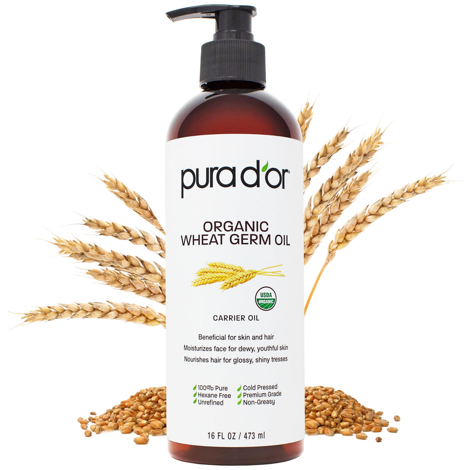 PURA D'OR front bottle showing organic wheat germ oil and 16 oz volume benefits