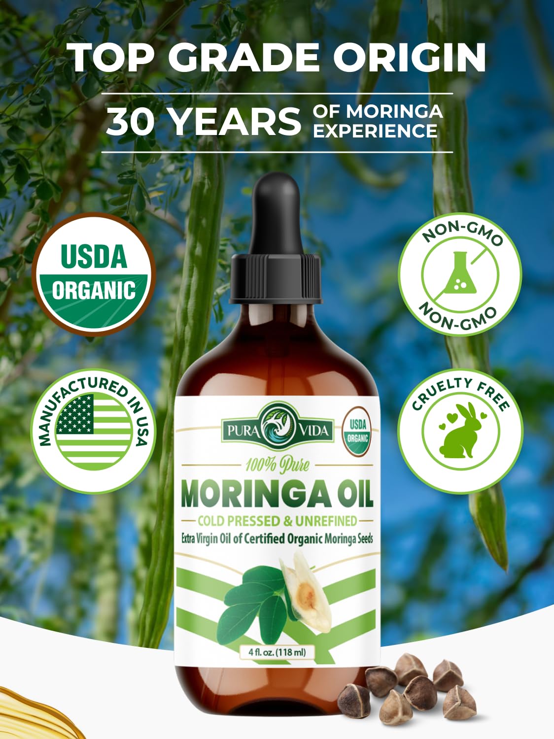 PURA VIDA MORINGA close-up texture of oil showing light absorbency benefit