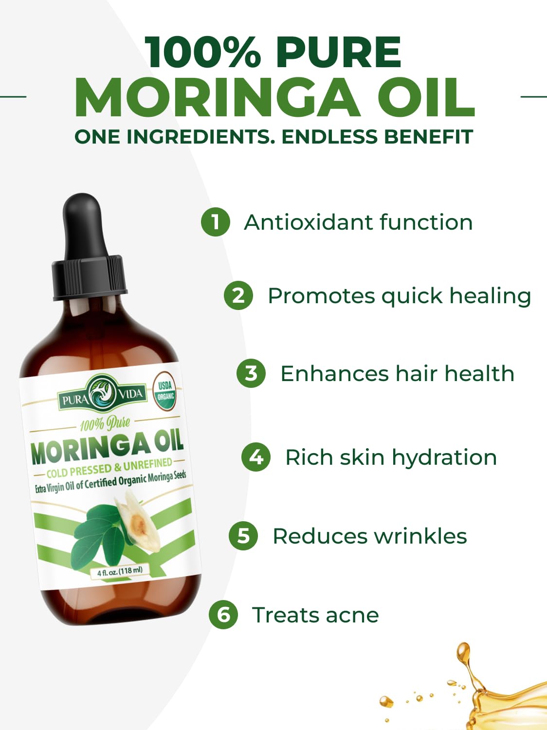 PURA VIDA MORINGA pipette pouring oil highlighting cold-pressed purity