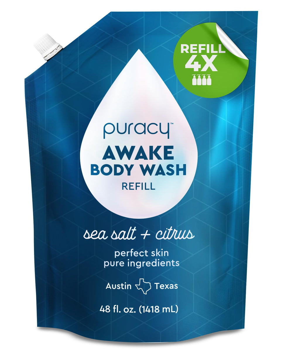 Puracy front label showing AWAKE citrus sea salt scent and volume benefits