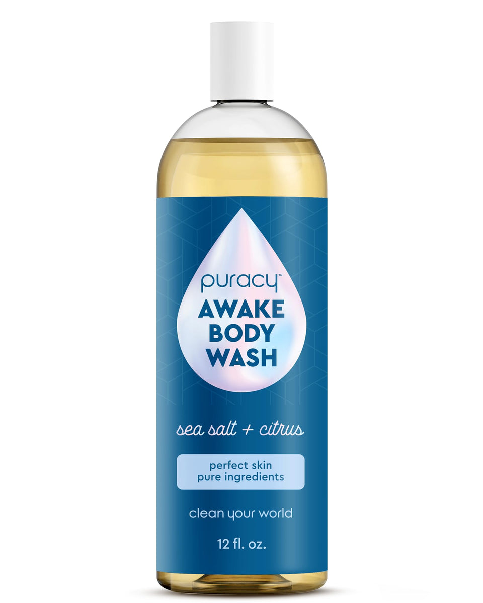 puracy awake front bottle showing label and citrus-sea-salt scent benefits