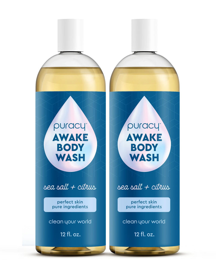 Puracy Awake front packaging showing bottle and citrus sea salt scent benefit