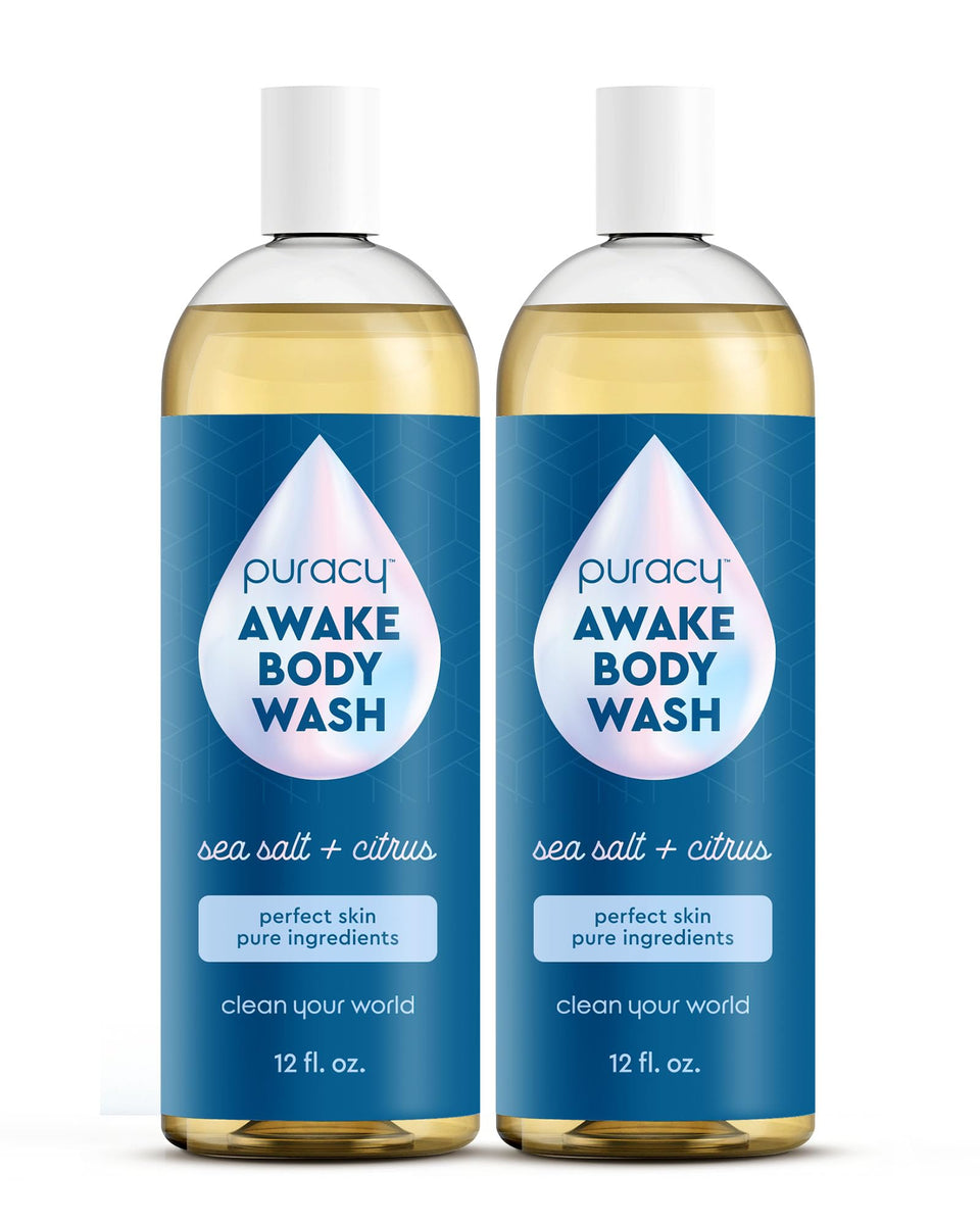 Puracy Awake front packaging showing bottle and citrus sea salt scent benefit
