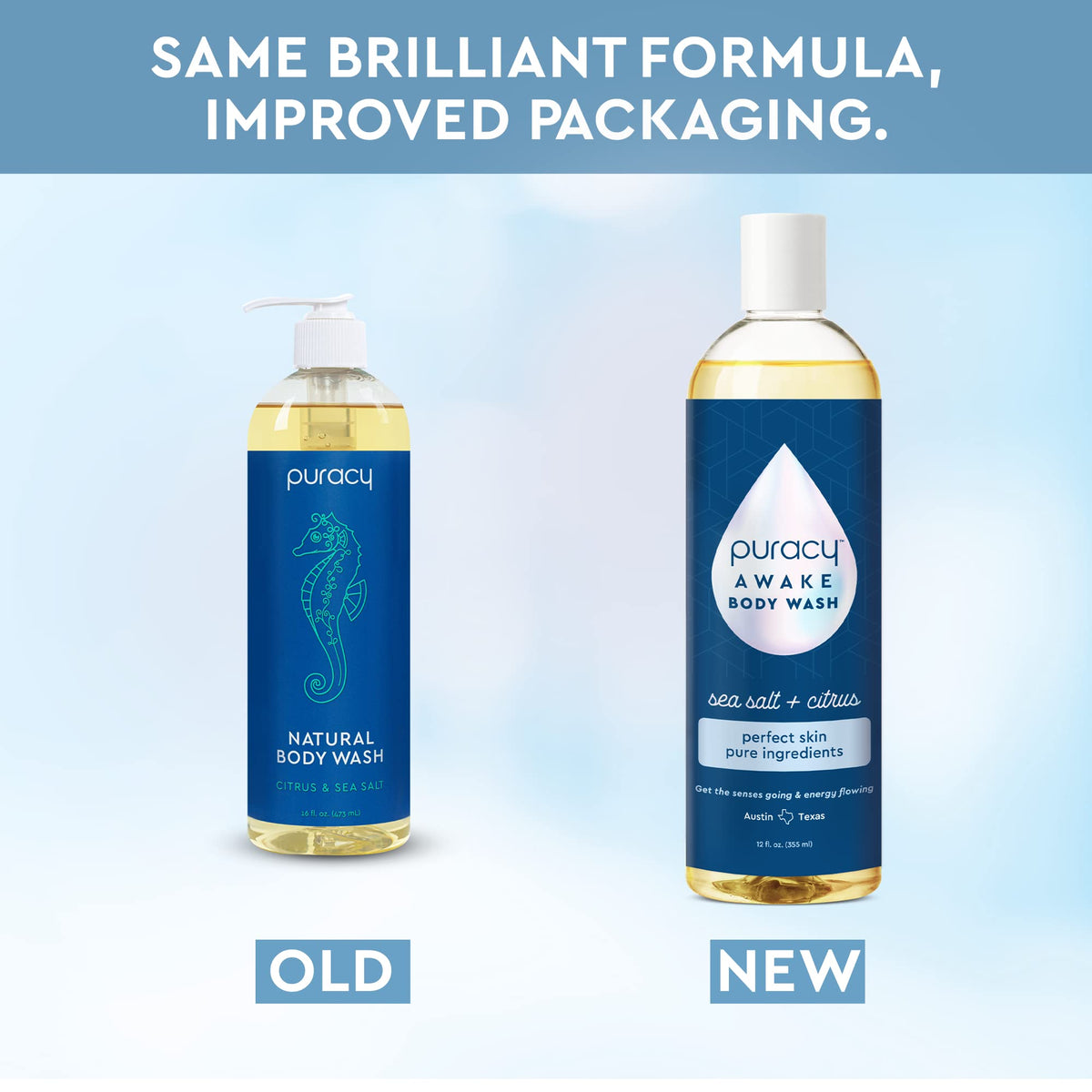 Two Puracy Awake 12 oz bottles flat lay offering long-lasting supply benefit