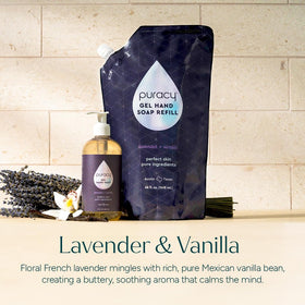 Lifestyle shot of Puracy by a bathroom sink, elegant everyday handwashing