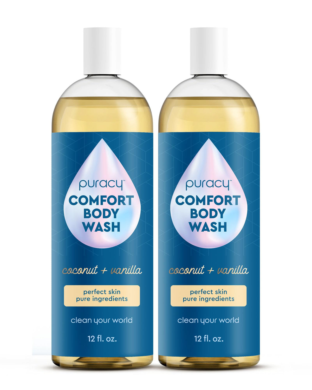 Puracy front packaging showing two 12 fl oz bottles and product benefits