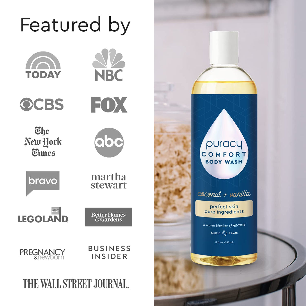 Puracy ingredients label showing plant-based list and dermatologist-reviewed formula