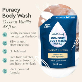 Puracy Comfort pouring into hands demonstrating rich lather and mild cleanse