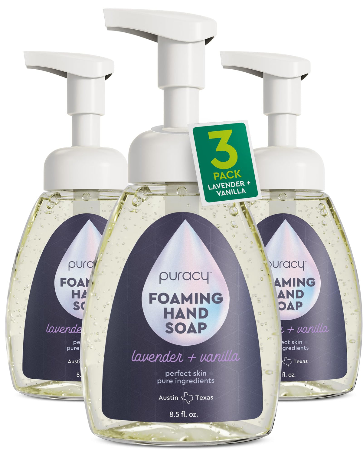 Puracy front packaging showing clear label and lavender vanilla scent benefit: easy identification