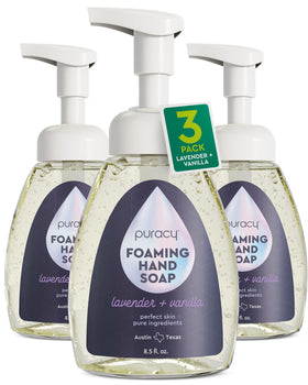 Puracy front packaging showing clear label and lavender vanilla scent benefit: easy identification