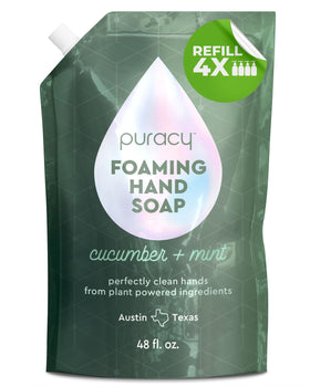 Puracy refill pouch front view showing label and eco-friendly packaging benefit