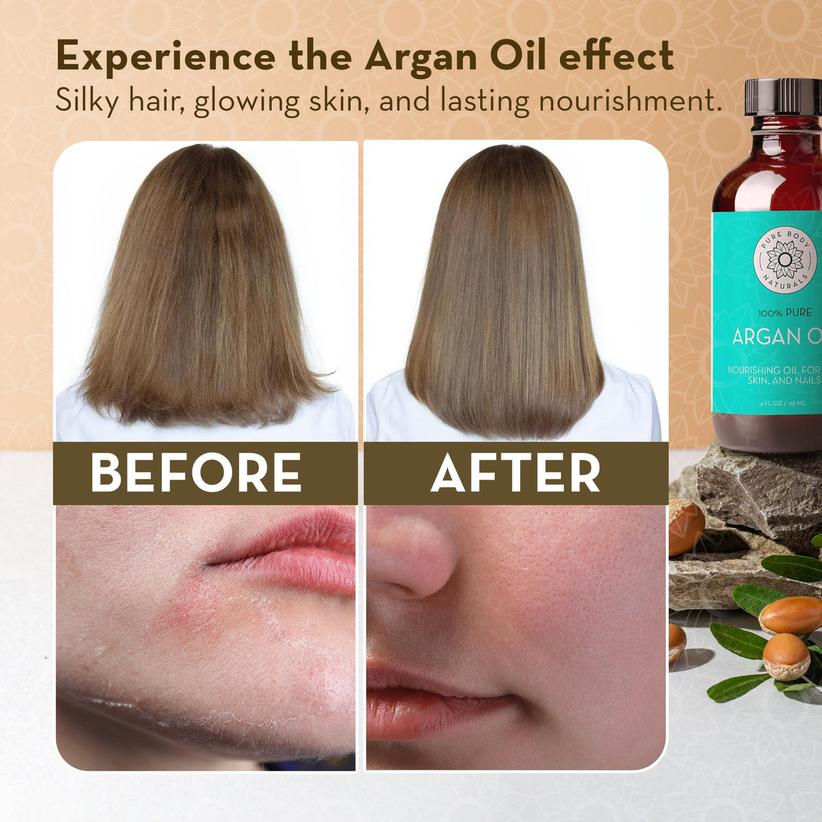 Pure Argan Oil 4 fl oz next to daily items showing true size and travel convenience