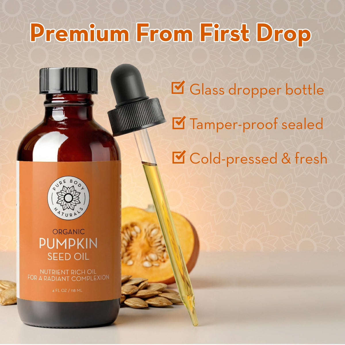Pure Body Naturals amber bottle label highlighting pure cold-pressed quality