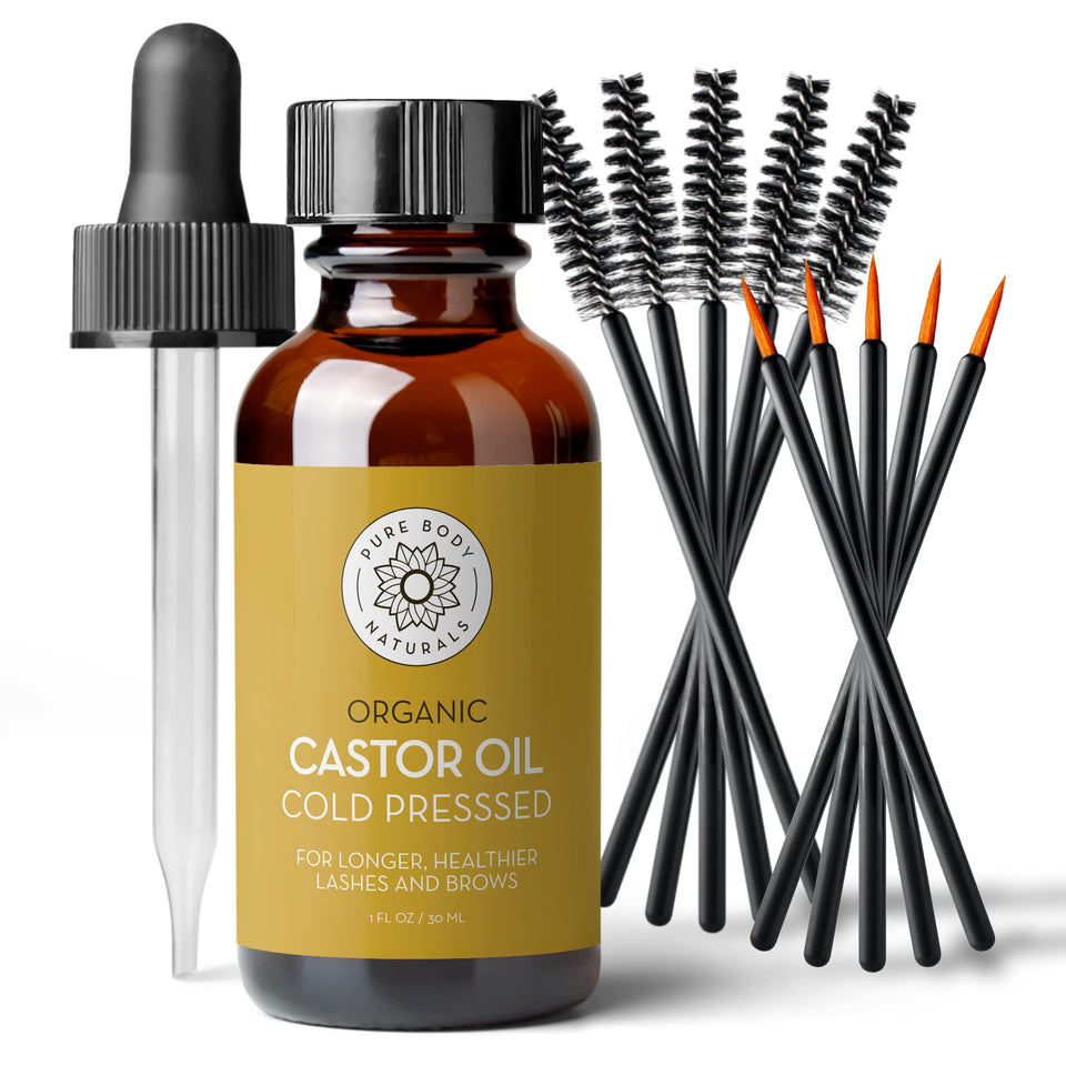 Pure Body Naturals front bottle showing organic castor oil and applicators benefits conditioning