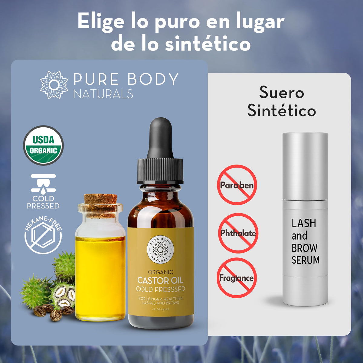 Pure Body Naturals bottle held in hand demonstrating 1 fl oz scale and travel-friendly size