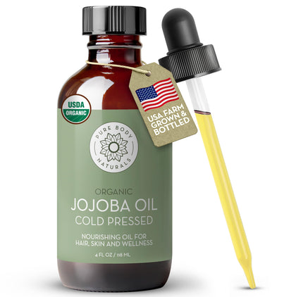 Pure Body Naturals amber bottle front view showing organic jojoba oil