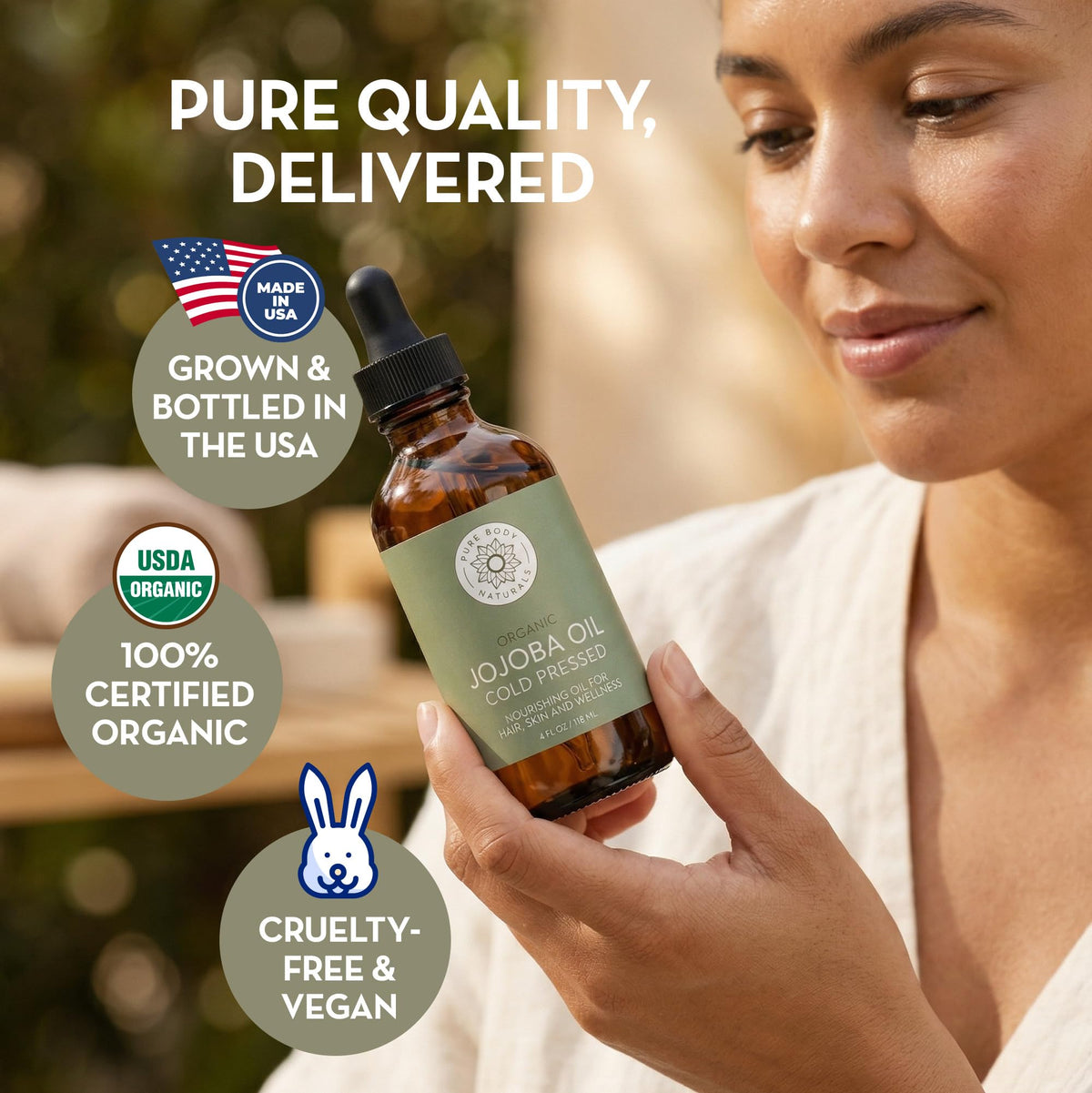 Pure Body Naturals oil applied to hair ends to add shine and reduce frizz