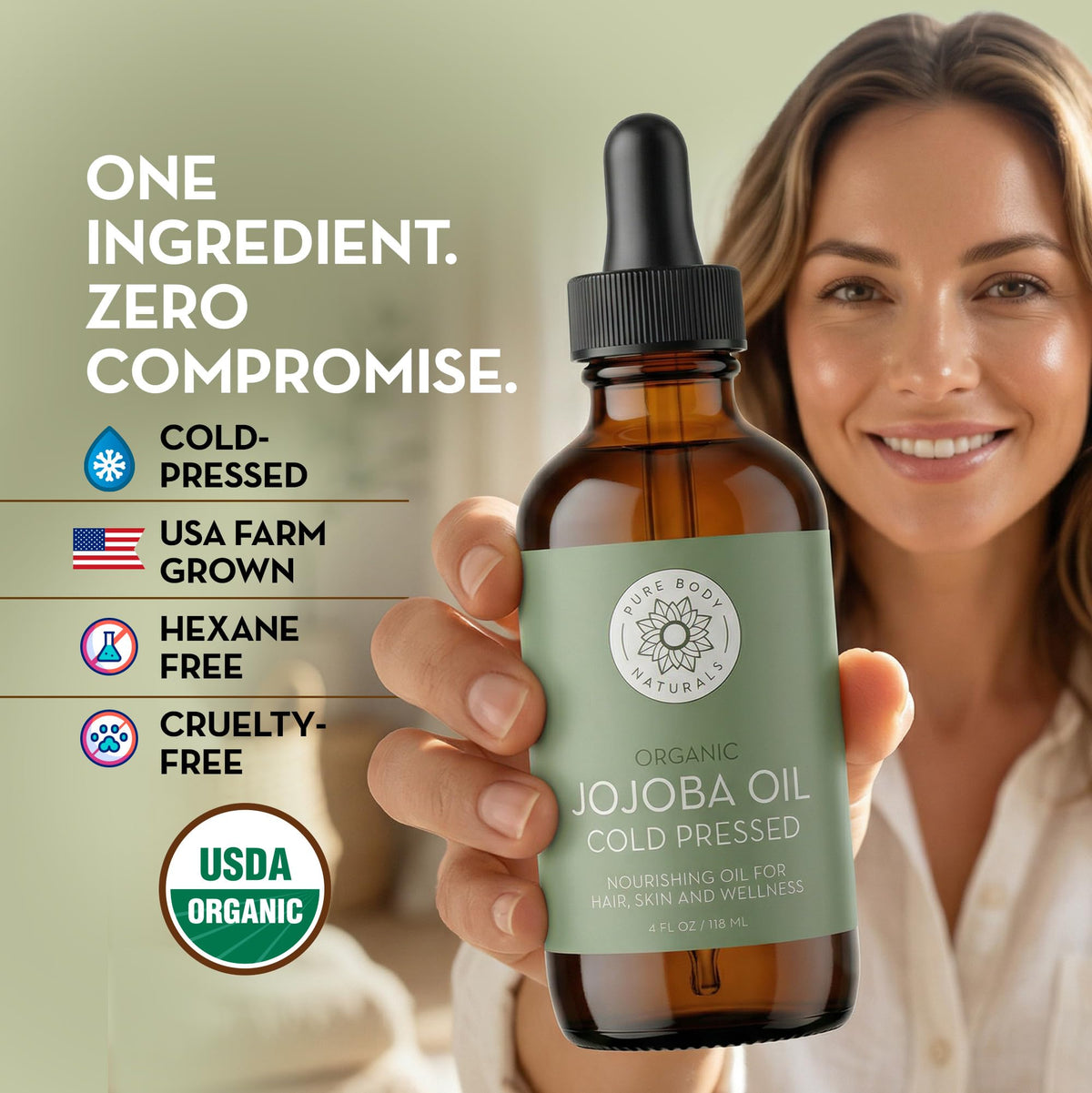 Pure Body Naturals bottle held in hand to show 4 fl oz size scale