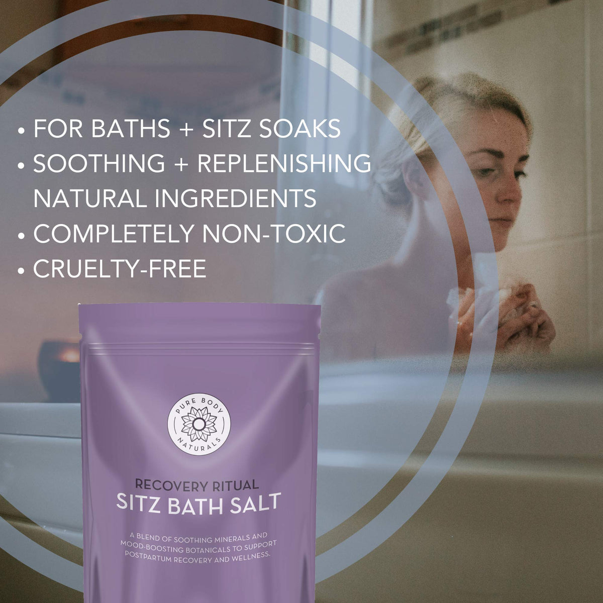 Pure Body Naturals sitz basin in use demonstrating focused perineal soak