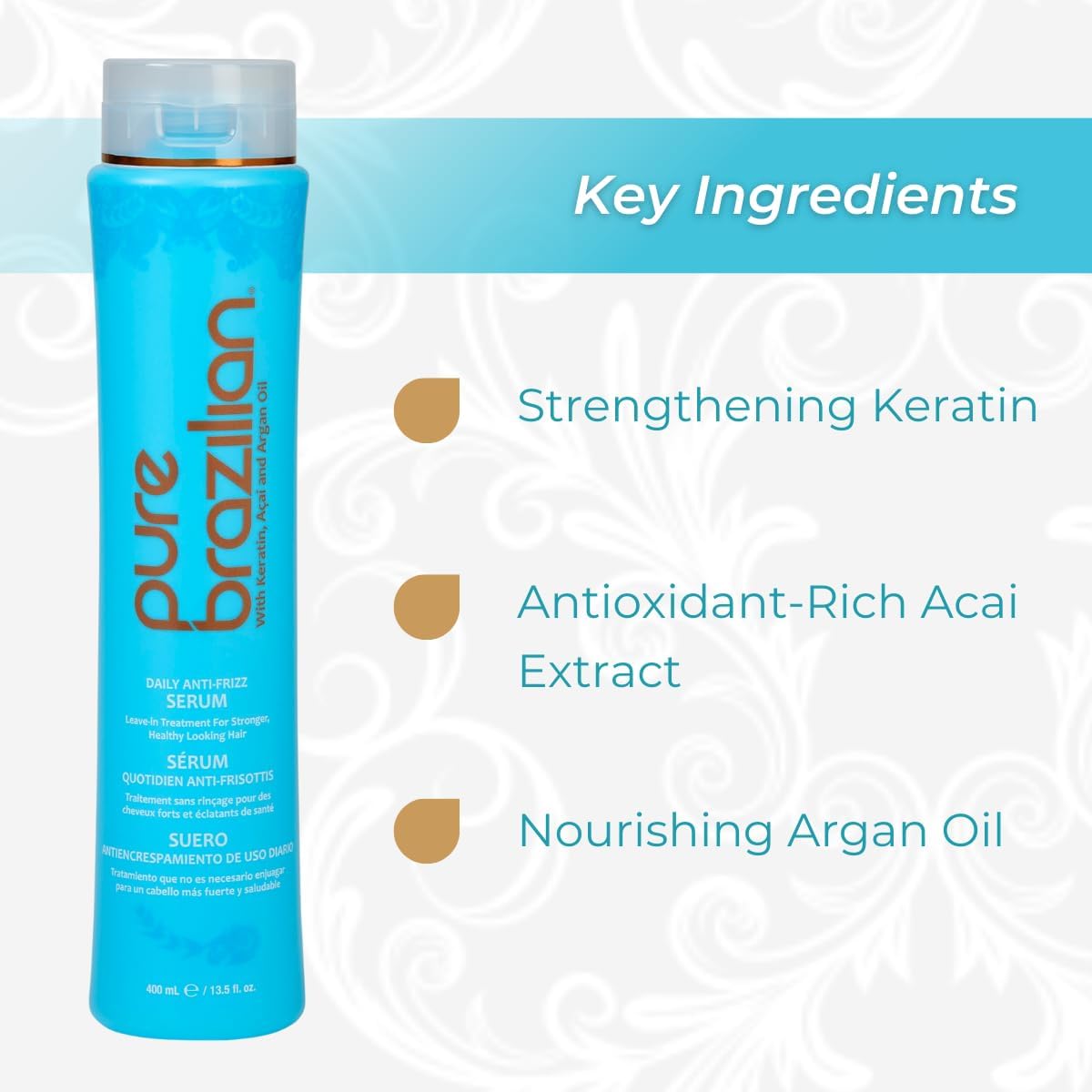 Pure Brazilian applying serum to mid-lengths demonstrating frizz control benefit