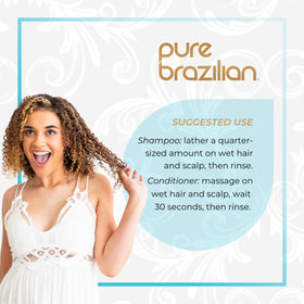 Pure Brazilian bottles held in hand to demonstrate 13.5 oz size and scale