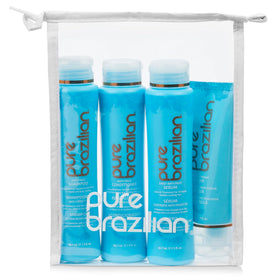 Pure Brazilian front packaging of travel kit showing four bottles and compact convenience