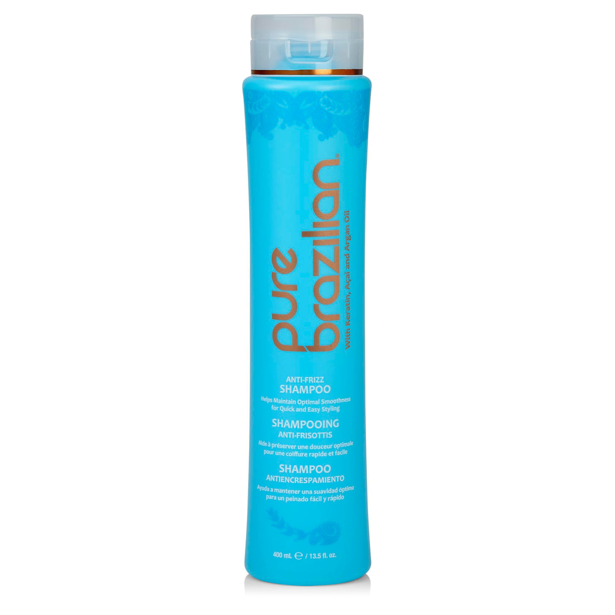 Pure Brazilian front packaging showing bottle and claims for smoother hair