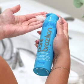 Pure Brazilian label close-up with ingredients, communicates keratin and silk benefits