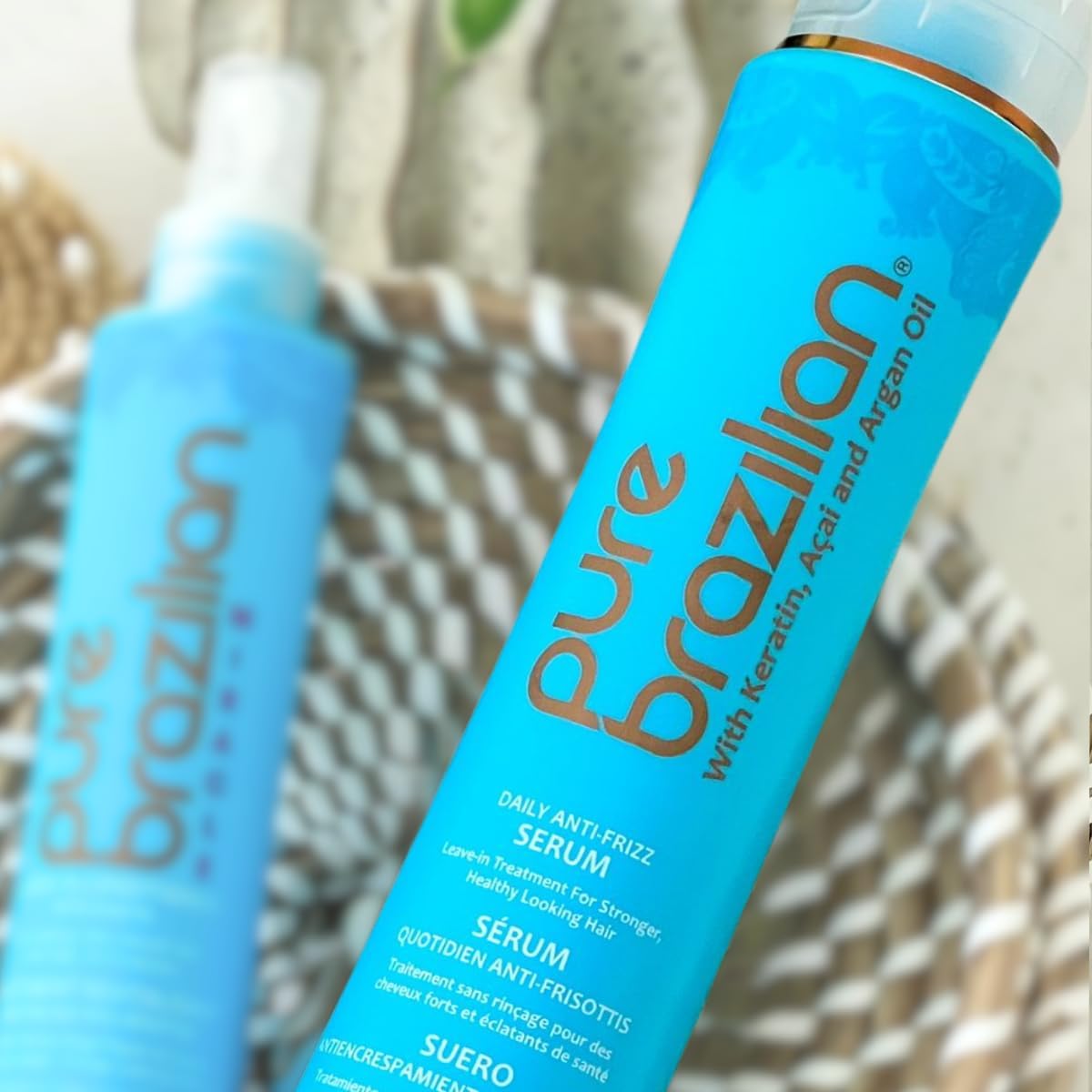 Pure Brazilian label close-up highlighting keratin and argan oil benefits