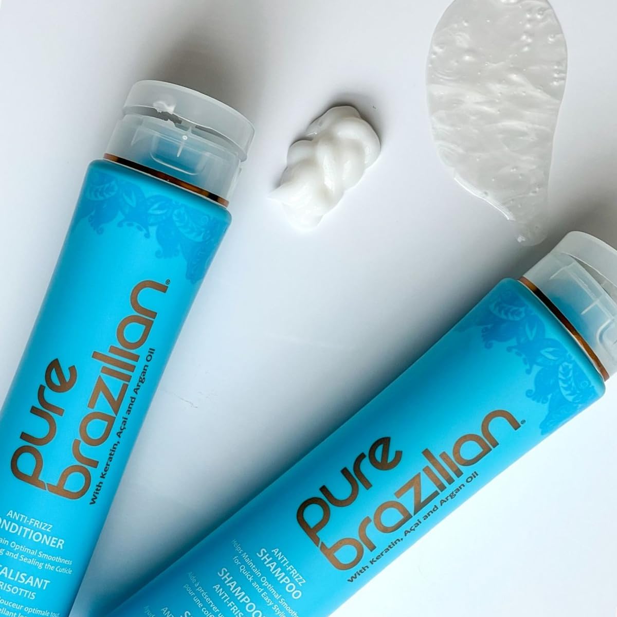 Pure Brazilian label close-up highlighting keratin, argan oil and açaí ingredients