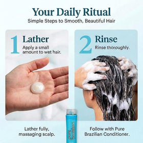 Pure Brazilian bottle on bathroom shelf conveying salon-quality routine