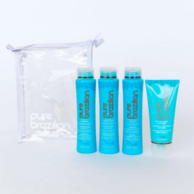 Pure Brazilian travel kit staged in carry-on luggage for easy packing and on-the-go care