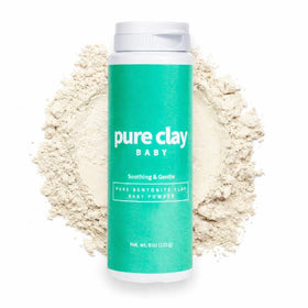 PURE CLAY front bottle view showing talc-free baby care benefits