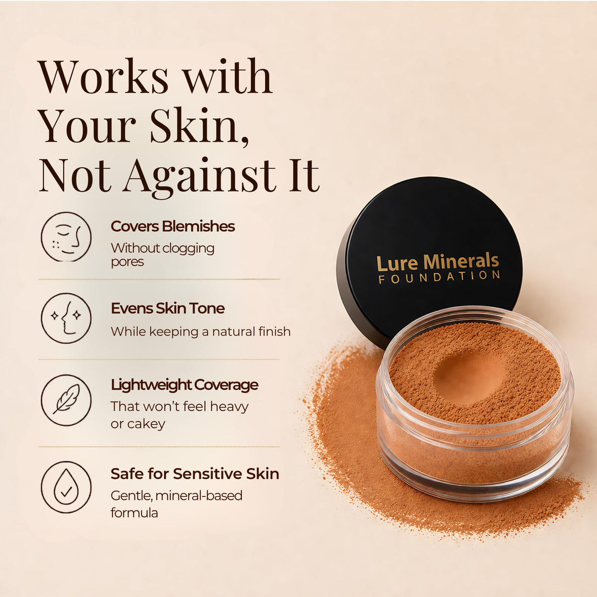Top label and jar lid of Pure Minerals bronzer conveying ingredient clarity benefit