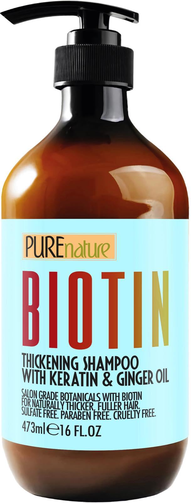 Pure Nature Lux Spa front bottle view showing biotin shampoo for fuller hair