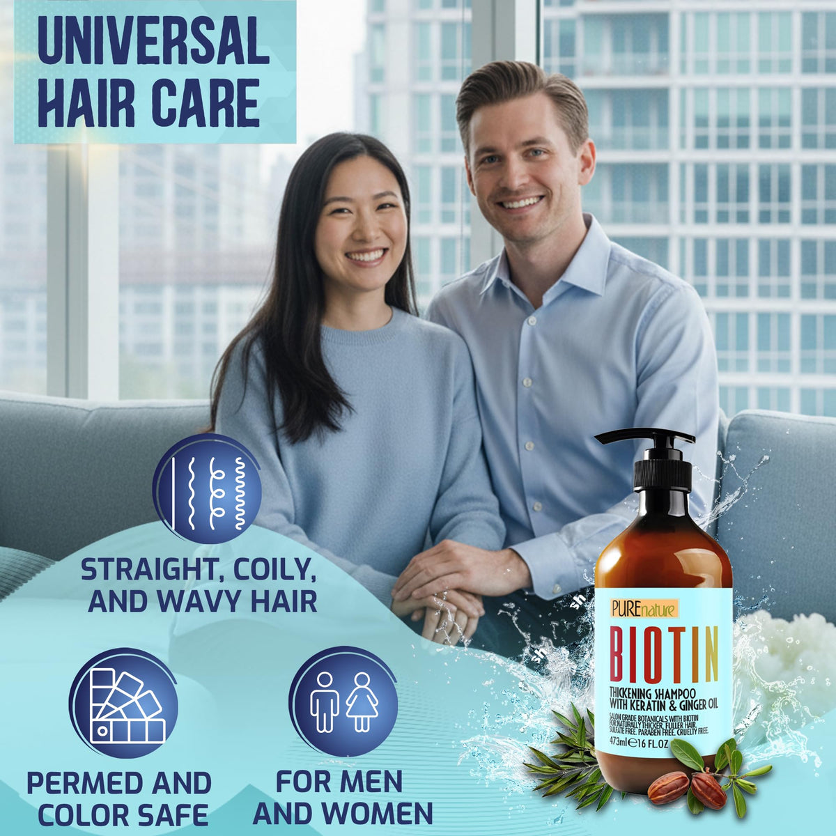 Pure Nature Lux Spa label close-up highlighting biotin and sulfate-free benefits